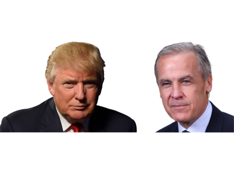 President Donald Trump and Canadian PM Mark Carney looking stern during a bilateral meeting at the White House.